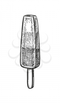 Ice pop or popsicle. Frozen snack on a stick. Ink sketch collection isolated on white background. Hand drawn vector illustration. Retro style.