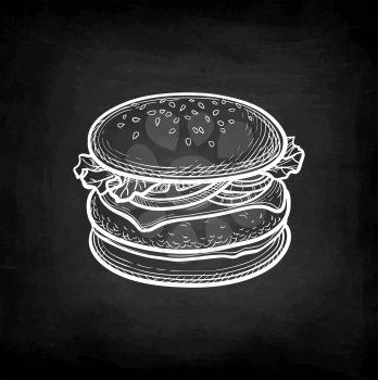 Hamburger. Chalk sketch on blackboard background. Hand drawn vector illustration. Retro style.
