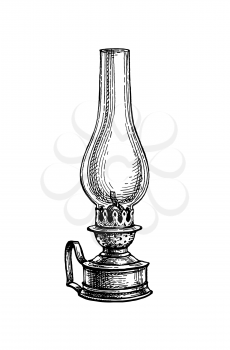 Kerosene lamp. Vintage oil lantern. Ink sketch isolated on white background. Hand drawn vector illustration. Retro style.
