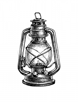 Kerosene lamp. Vintage oil lantern. Ink sketch isolated on white background. Hand drawn vector illustration. Retro style.