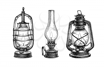 Burning kerosene lamps. Vintage oil lanterns set. Ink sketch isolated on white background. Hand drawn vector illustration. Retro style.