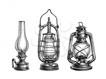 Three types of kerosene lamps. Vintage oil lanterns set. Ink sketch isolated on white background. Hand drawn vector illustration. Retro style.