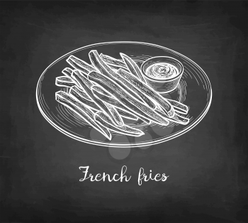 Plate of french fries with sauce. Fried potatoes. Chalk sketch on blackboard background. Hand drawn vector illustration. Retro style.