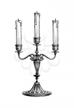 Extinguished candles in candelabra. Ink sketch isolated on white background. Hand drawn vector illustration. Retro style.