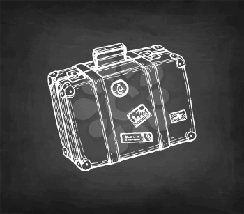 Suitcase with stickers. Chalk sketch on blackboard background. Hand drawn vector illustration. Retro style.