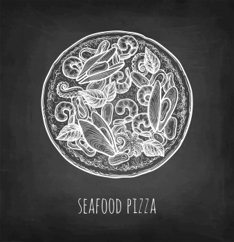 Unsliced seafood pizza. Chalk sketch on blackboard background. Hand drawn vector illustration. Retro style.