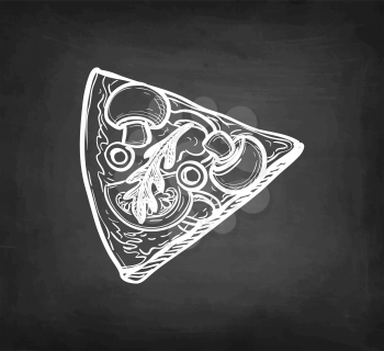 Sliced vegetarian pizza topped with mushrooms, olives and arugula. Chalk sketch on blackboard background. Hand drawn vector illustration. Retro style.