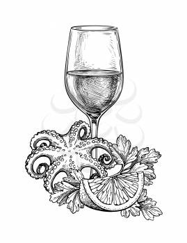 Glass of white wine with octopus, lemon and parsley. Seafood ink sketch isolated on white background. Hand drawn vector illustration. Retro style.