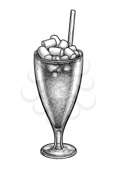 Hot sweet drink with marshmallows. Coffee or cocoa. Stemmed glass with drinking straw. Ink sketch isolated on white background. Hand drawn vector illustration. Retro style.
