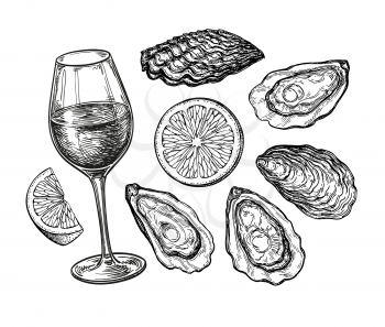 Wineglass and oysters with lemon. Ink sketch isolated on white background. Hand drawn vector illustration. Retro style.