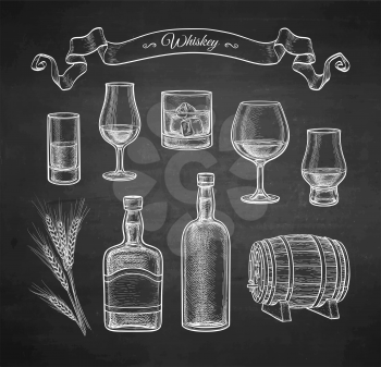 Whiskey collection. Chalk sketch on blackboard background. Hand drawn vector illustration. Retro style.