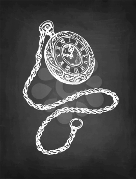 Pocket watch with chain. Chalk sketch on blackboard background. Hand drawn vector illustration. Retro style.
