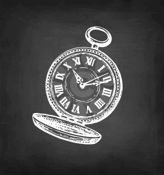 Pocket watch with lid. Chalk sketch on blackboard background. Hand drawn vector illustration. Retro style.
