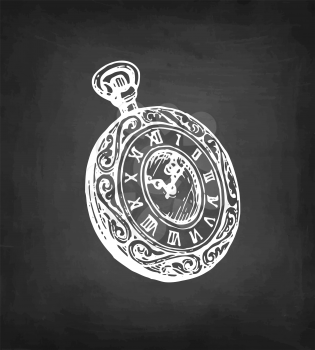 Vintage pocket watch with ornament. Chalk sketch on blackboard background. Hand drawn vector illustration. Retro style.