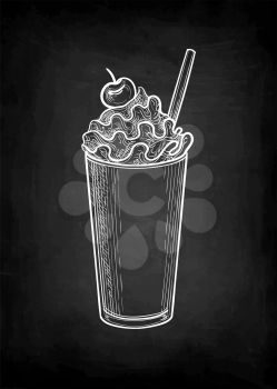 Milkshake in paper or plastic cup with lid and straw. Chalk sketch on blackboard background. Hand drawn vector illustration. Retro style.