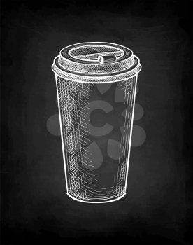 Coffee to go. Paper or plastic cup with lid. Chalk sketch mockup on blackboard background. Hand drawn vector illustration. Retro style.