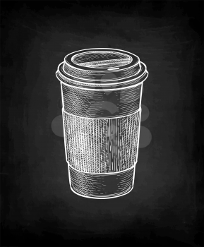 Paper cup with lid. Coffee to go. Chalk sketch mockup on blackboard background. Hand drawn vector illustration. Retro style.