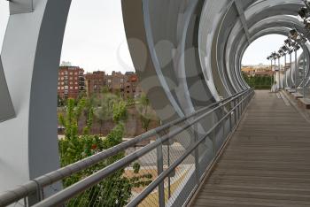 Spherical metal modern bridge over the Avenue near the stadium, Madrid, Spain