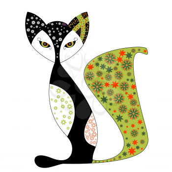 Fairy tale character black cat with amazing eyes and flower pattern. The rustic style.