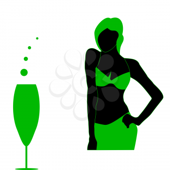 Silhouette of young model girl in beach green dress. Green fruit party.