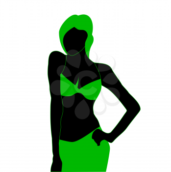 Silhouette of young model girl in beach green dress. Green fruit party.
