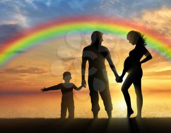 Pregnancy and family. Pregnant woman with her husband and child holding hands on a background of sea sunset and rainbow
