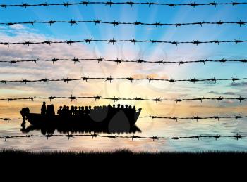 Refugees concept. Boat with the refugees against the background of the fence of barbed wire