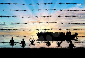 Refugees concept. Refugees swim to shore against the backdrop of barbed wire fence