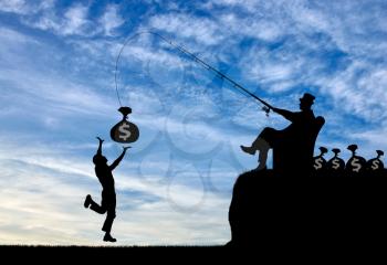 Social inequality. Wealthy businessman with a fishing rod and money and common man
