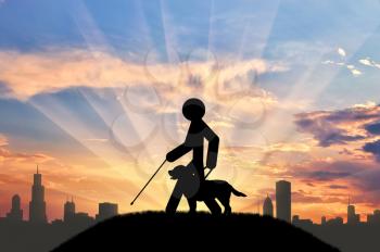 Icon blind with cane and guide-dog on background of city and sunset. Concept disabled