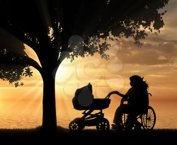 Disabled woman in wheelchair holding baby carriage under tree near sea on sunset. Concept disabled and family