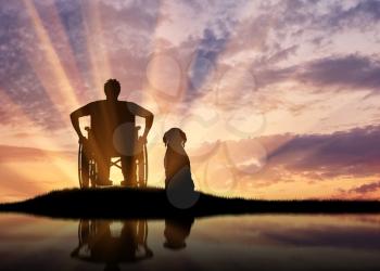 Concept of disability and disease. Silhouette of disabled person in a wheelchair with his dog at sunset and reflection in water