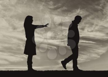 Concept of deceit and betrayal. Silhouette man leaves from the woman to his mistress