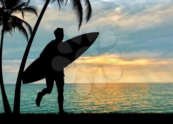 Sports concept. Silhouette of a surfer on the beach with palm trees on the background of sea sunset