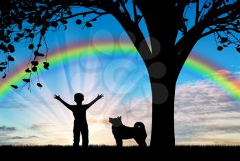 Happy child walking with dog near tree on background of rainbow. Friendship and happiness concept