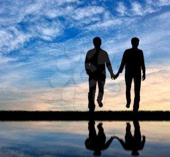 Concept of gay people. Silhouette happy gay men walking holding hands at sunset and reflection in water