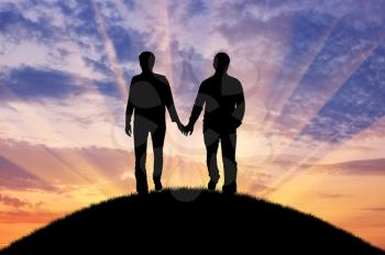 Concept of gay people. Silhouette happy gay men walking holding hands at sunset