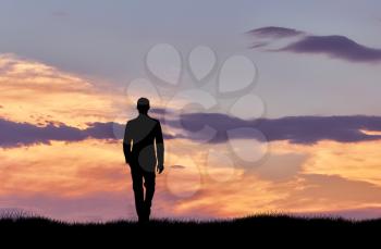 Silhouette of man walking at sunset. business concept
