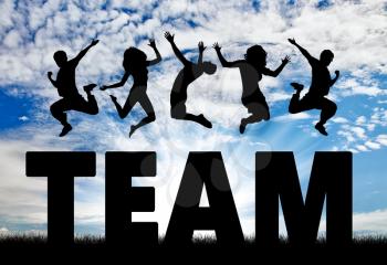 Business team concept. Silhouette people jumping over the word team