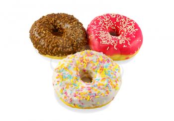 Multi-colored donuts into the glaze. Isolated on white background design element