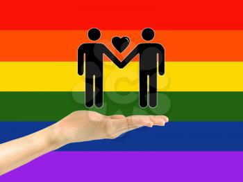 Icons of two gay men with heart on hand on background rainbow