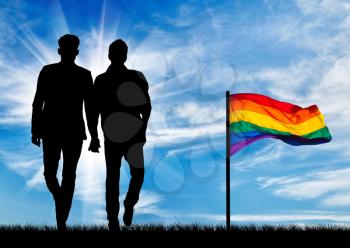 Silhouette of two gay men walking holding hands and a rainbow flag