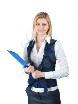Business woman in a suit with a tablet in hand on white background