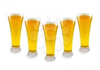Five glasses of beer. Isolated on white background