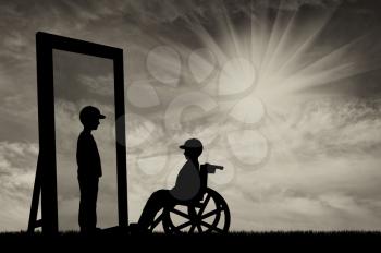 disabled child in a wheelchair and his reflection in mirror of a healthy baby boy on a background of sky. Concept of rehabilitation of disabled children