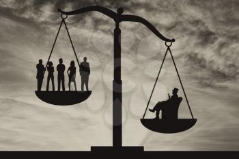 Poor people and wealthy businessman on scales on background of sky. Concept of social inequality