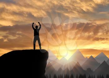 Silhouette happy climber on a mountain top. Concept of success and power