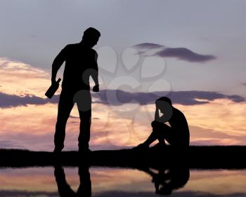 Child abuse and bullying. Silhouette of a crying boy and an aggressive drunken father