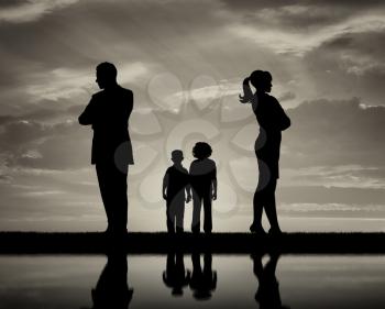Conflict and divorce in the family. Sad children and parents turned away from each other