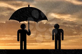Concept of selfishness and greed. Man under an umbrella and a man in rain